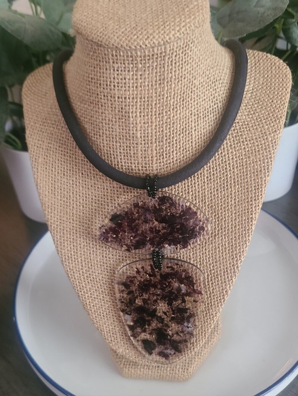 Cato Purple Black Resin Double Pendant Statement Necklace Gothic Boho